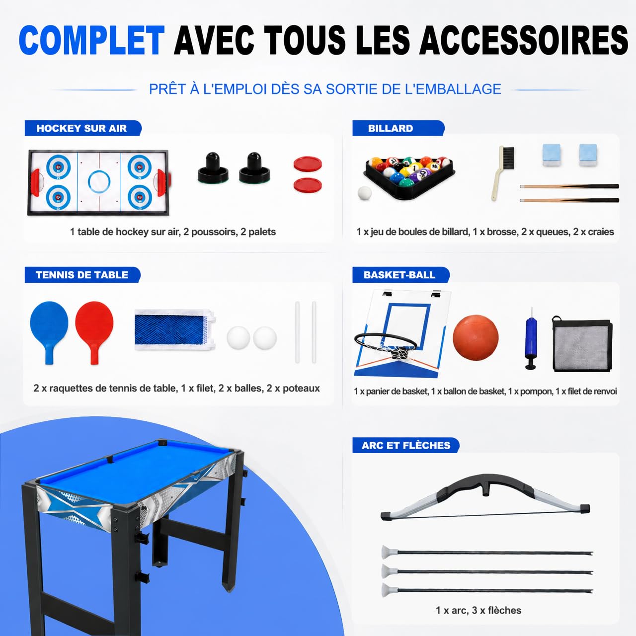 Table multijeux 5en1 122cm Billard Ping Pong Air Hockey Basket