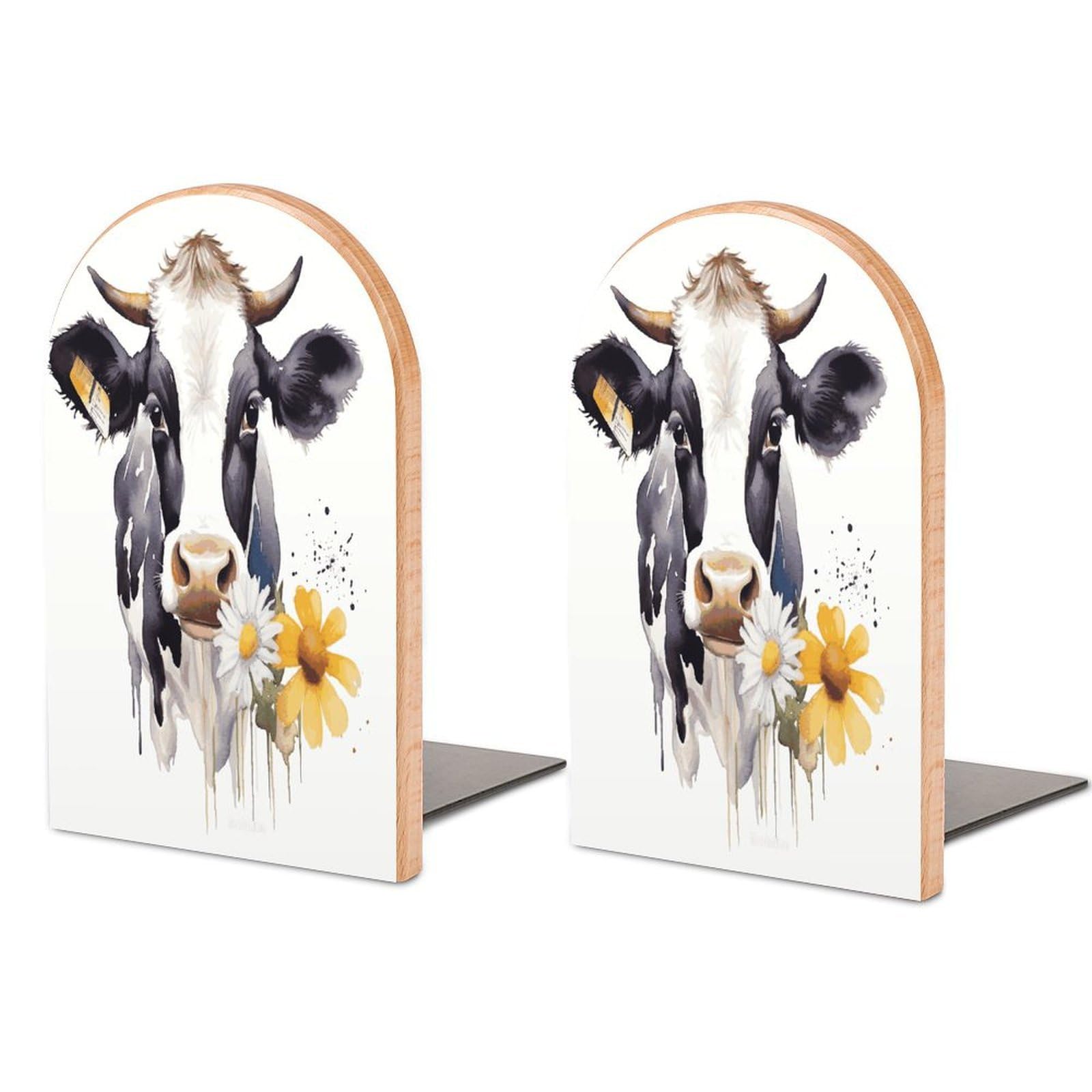 Watercolor Cow and Daisy Flower Bookend for Shelves Fashion Modern Wood Book End with Non-Slip Metal Base Universal Economy Bookend Book Organizer for Home Office Desk Accessories 1 Pair