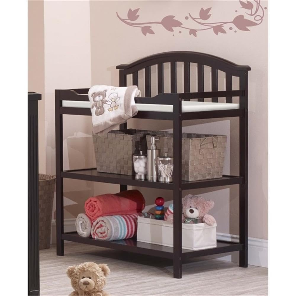 Pemberly Row Modern Baby Changing Table, Espresso Finish, 40" H x 41" W x 19" D, Includes Changing Pad with Safety Strap, 2 Storage Shelves, Classic Curved Back, Durable Nursery Furniture