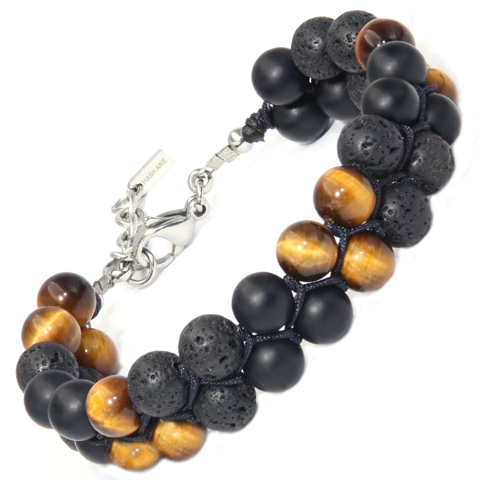 HASKARE Herren Mehrfach-Schutz Armband natürliche Edelsteine Tigerauge Onyx Hämatit Obsidian Lava, handgefertigt wasserdicht verstellbar Kristall-Armband, Spiritueller Schmuck für Vater und Ehemann