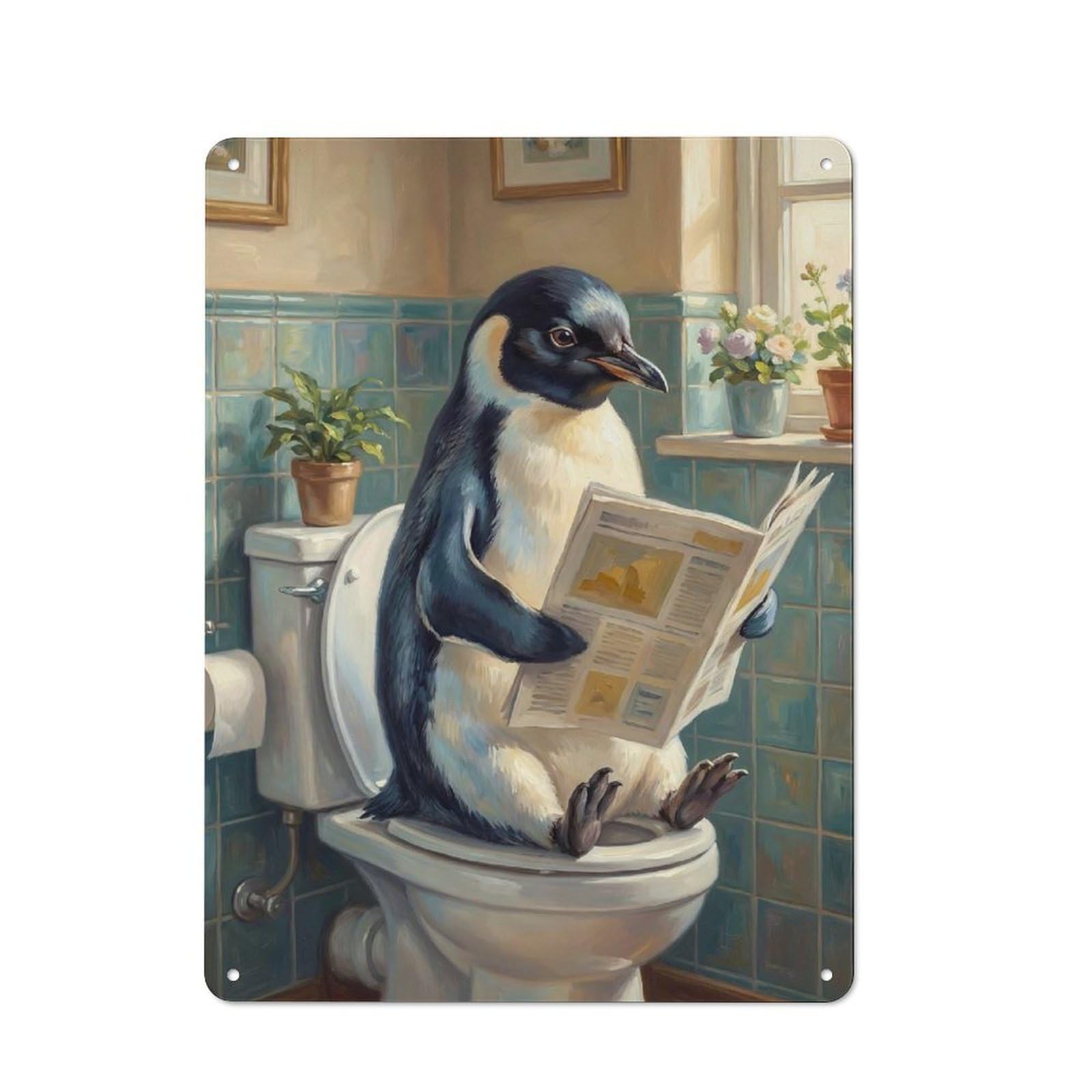 Junmoney Style-21 Penguin Reading Newspaper On Toilet Rustic Tin Sign 40X30cm For Man Cave Or Games Room, A Decorative Gift For A Newly Furnished Man Cave And Games Room