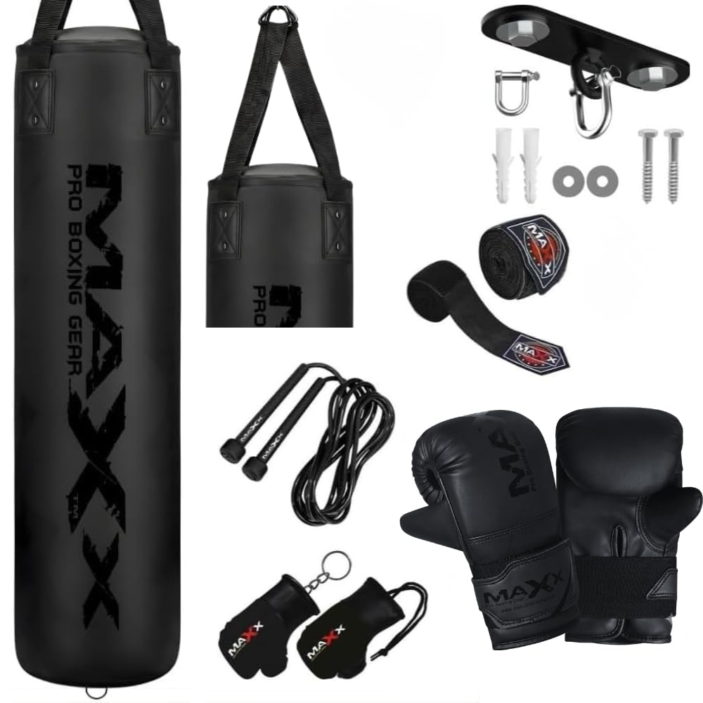 MAXX Black Boxing Punch Bag Set – 3FT, 4FT, 5FT & 6FT Heavy Filled Bag with Gloves, Bracket or Hook Included (10pcs set with Hook, 6FT)