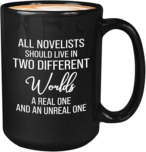 Novelist - Taza de café de 15 onzas, color negro, real e irreal, escritor humorístico, amantes de los libros, historias ficticias, personajes de
