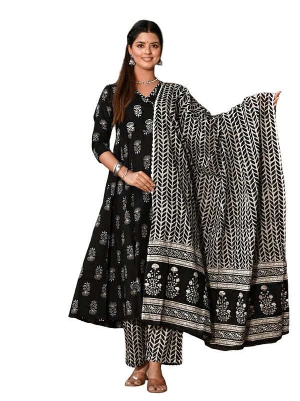 Pinkmint Women Cotton Blend Indigo Printed Printed Kurta With Pant & Dupatta