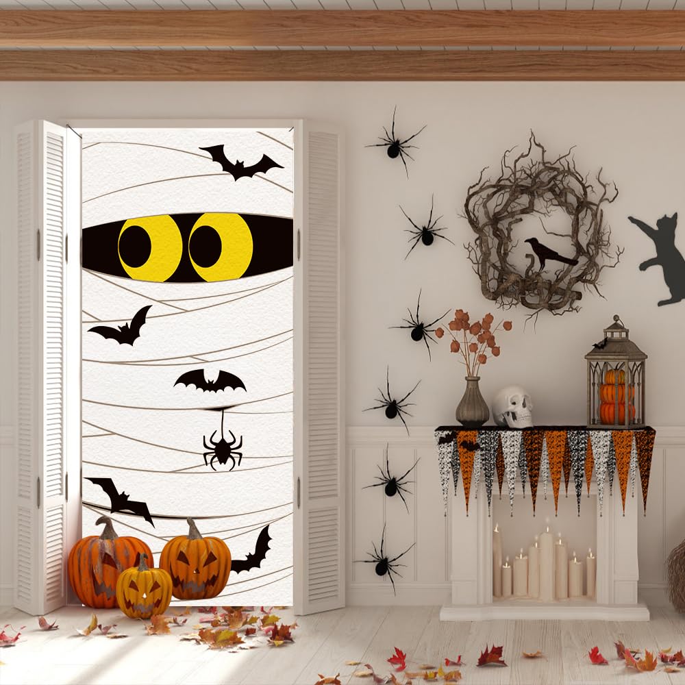 Urocza osłona na drzwi Halloween dekoracje na drzwi Halloween dekoracje ścienne dekoracje halloweenowe na drzwi wejściowe mumia drzwi baner na Halloween do wewnątrz na zewnątrz