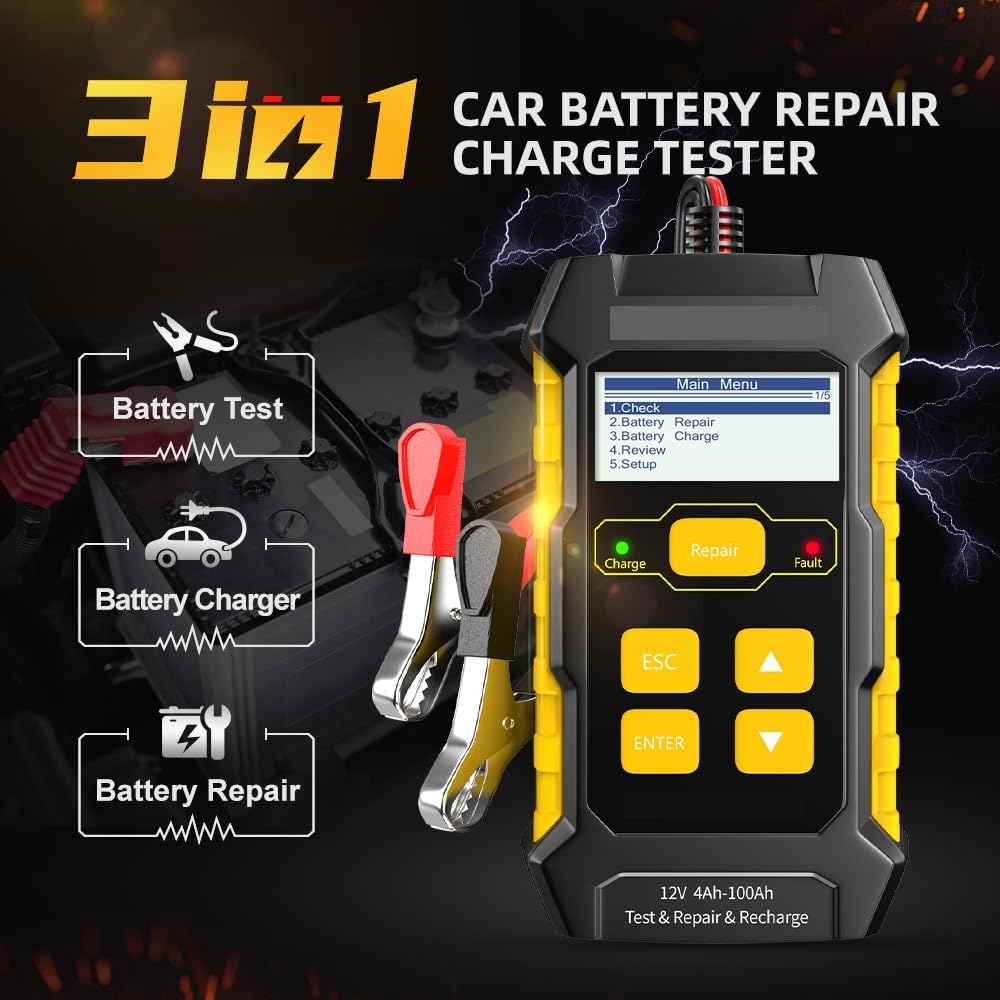 Tester per Batterie, Tester for caricabatterie for auto KW510 Caricabatterie completamente automatico Manutentore for riparazione di impulsi automobilistici 5A Strumento for acido al piombo