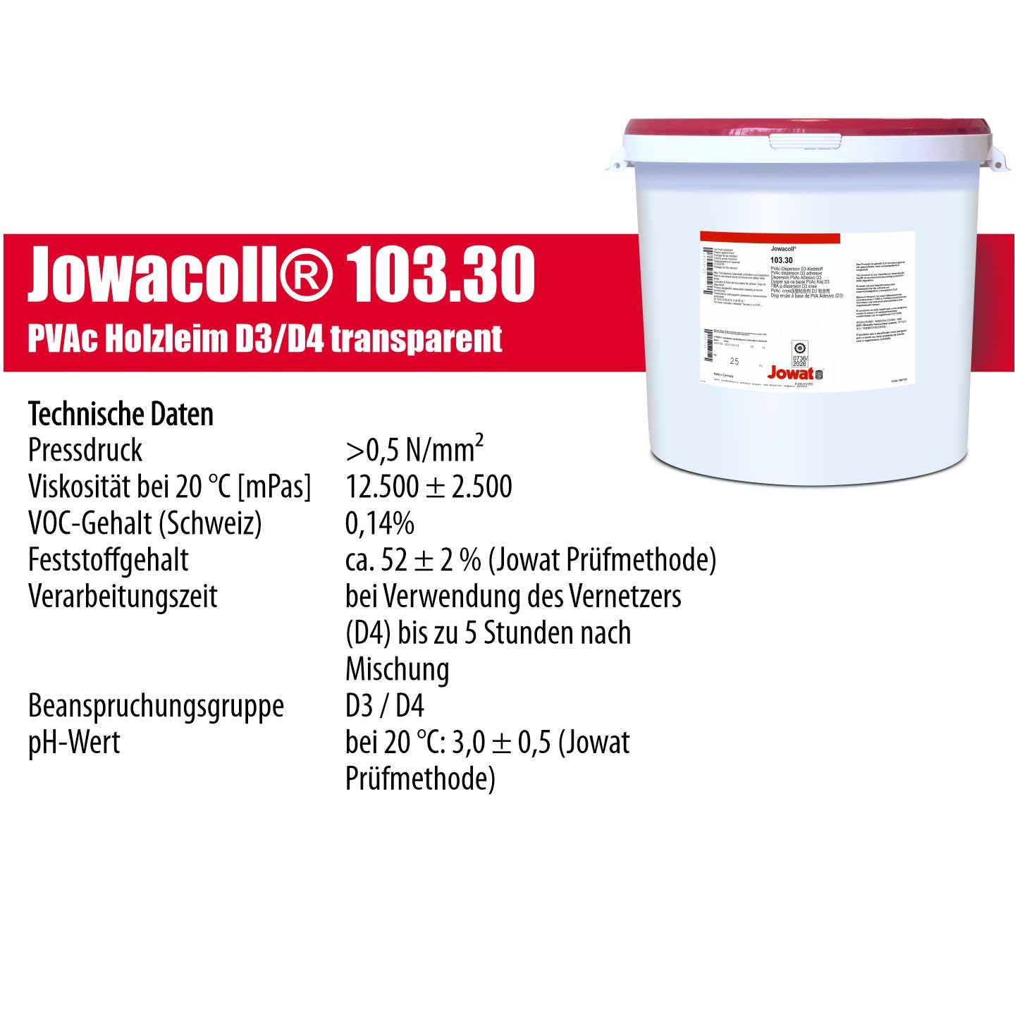 Jowat Jowacoll 103.30 25 kg Holzleim-Set inkl. Leimspachtel – Dispersionsleim für Holz, Kanten, Furniere & Möbelbau – hohe Festigkeit