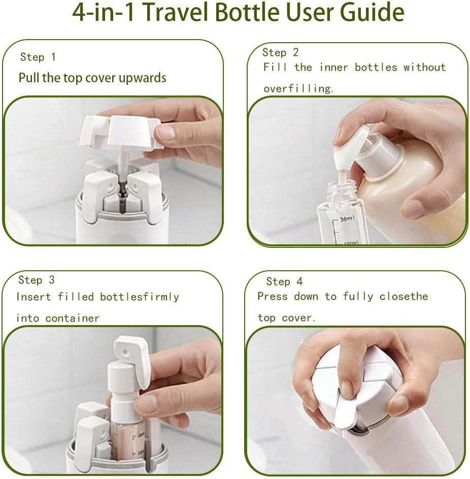 4 in 1 Travel Dispenser Bottle Travel Size Lotion Containers Refillable Toiletry Bottles for Shampoo Toiletries Green