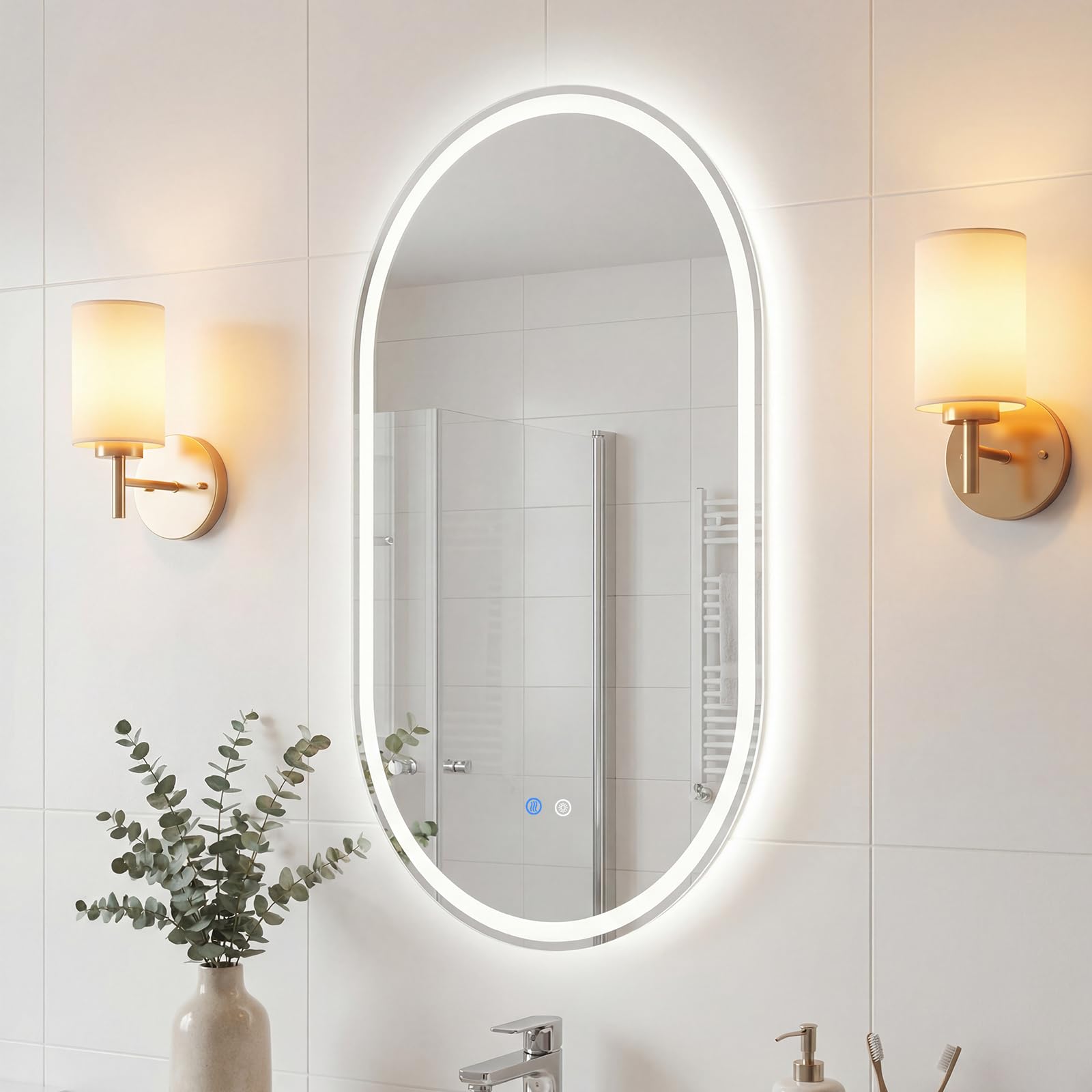 COSTWAY Miroir Salle de Bain avec Eclairage, Miroir Mural Ovale Antibuée, 3 Couleurs de Lumière, Luminosité Réglable, Fonction Mémoire, Verre Trempé, Montage Verticale/Horizontale (90 x 55 cm,Style 3)