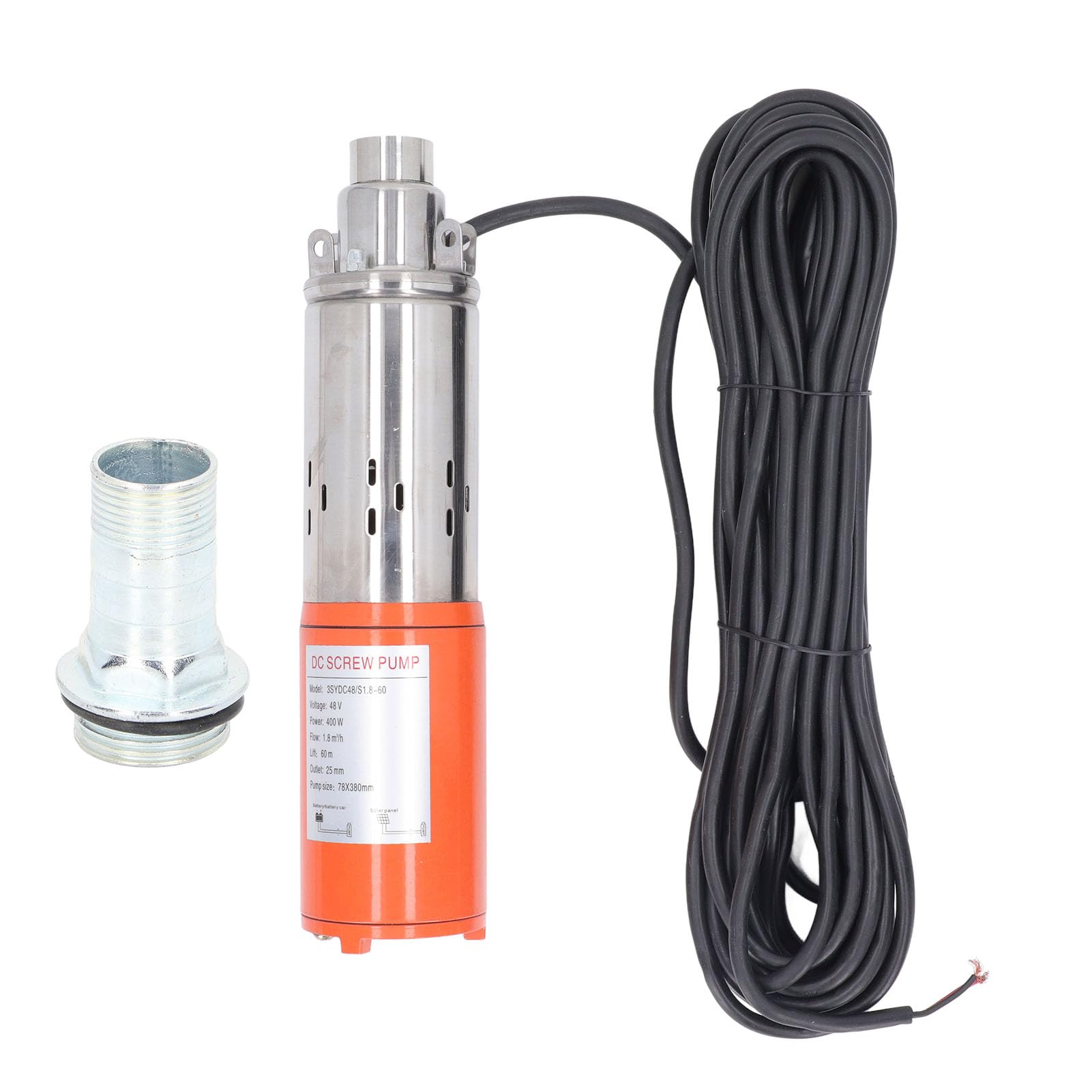 Bomba de Pozo Sumergible Solar de Acero Inoxidable, Bomba de Tornillo de 400W, 48V CC, Elevación de 60m, 1,8m³/h para Riego