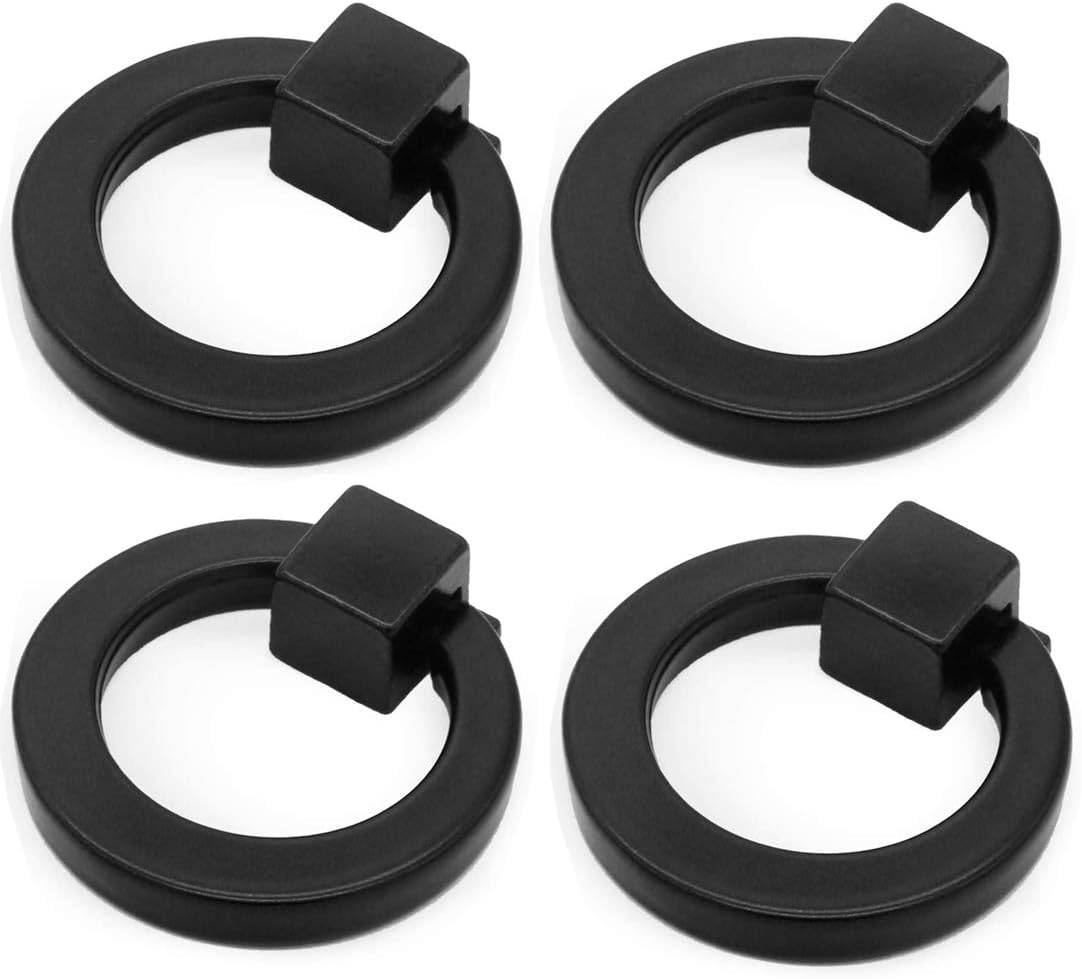 Myxekllo 4Pcs Black Cabinet Ring Pulls, Zinc Alloy Matte Black Drawer Handles, Single Hole Design for Drawer, Kitchen Cabinet, Wardrobe, Dresser