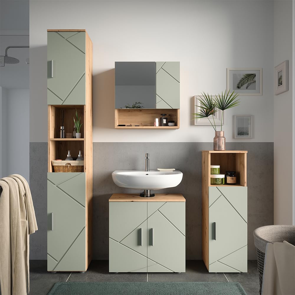 Vicco Armoire de Toilette Irma, Vert Sauge, 54x55cm, à Monter au Mur avec Miroir et étagères Ouvertes