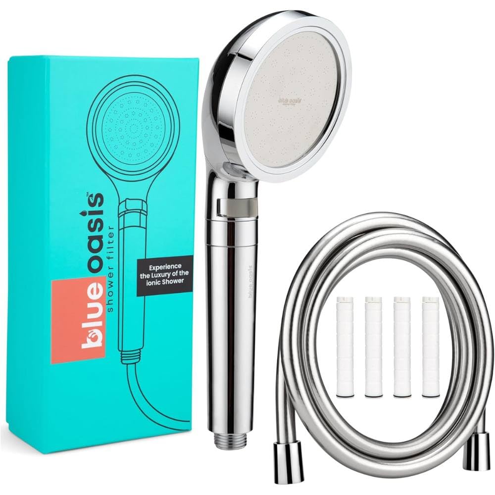 Blue Oasis Ionic Shower Filter Bundle | Silver Cylindrical Filter + 4 Dual Cartridges & 2M Hose | TUV Certified 99% Hard Water Purifier for Healthier Skin & Hair | High-Pressure Filtration