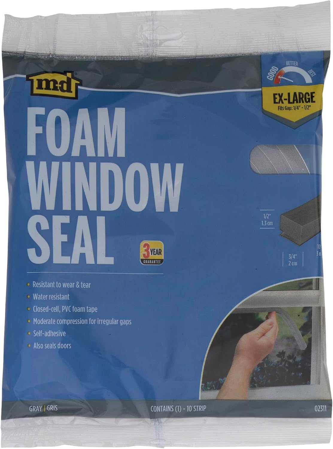 M-D 02311 Closed-Cell Weather-strip, 3/4 in W X 10 ft L X 1/2 in T, Grey, Packaging May Vary