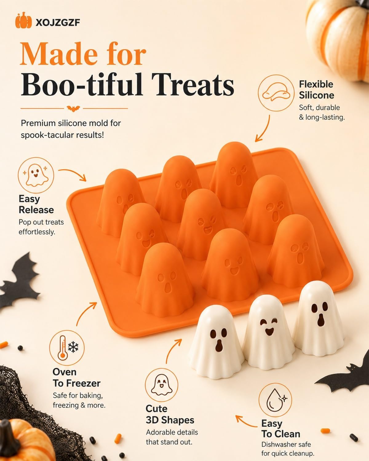 Ghost Jello - Molde de silicona 3D para hornear Halloween, 6 unidades x 8 cavidades | Silicona de grado alimenticio, antiadherente, dulces y chocolate, decoraciones de fiesta, mini bandeja de cubitos de hielo