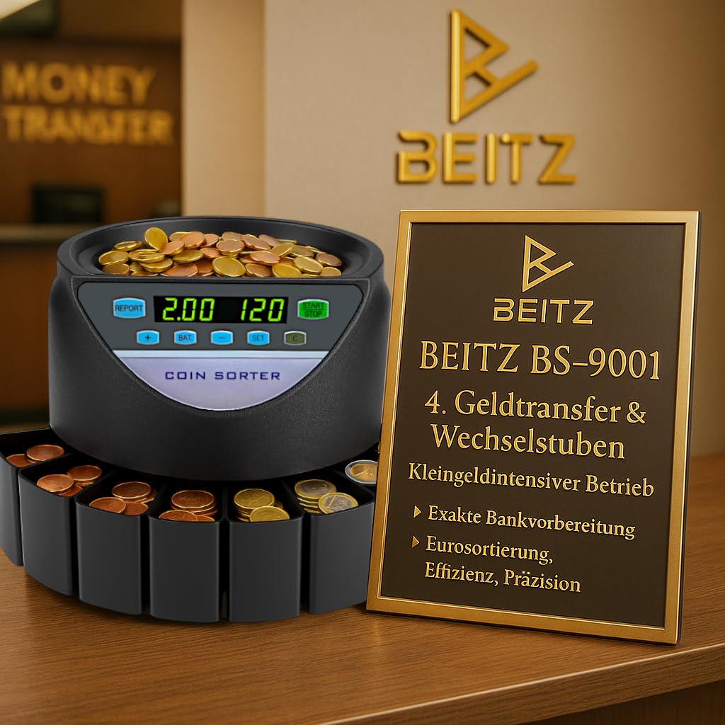 BEITZ BS-9001 | Automatischer Münzzähler & Münzsortierer für EUR | Geldzählmaschine für Kleingeld | Zählt & Sortiert Münzen nach Wert | Elektronischer Münzautomat | Münzzählmaschine mit 8 Münzfächer