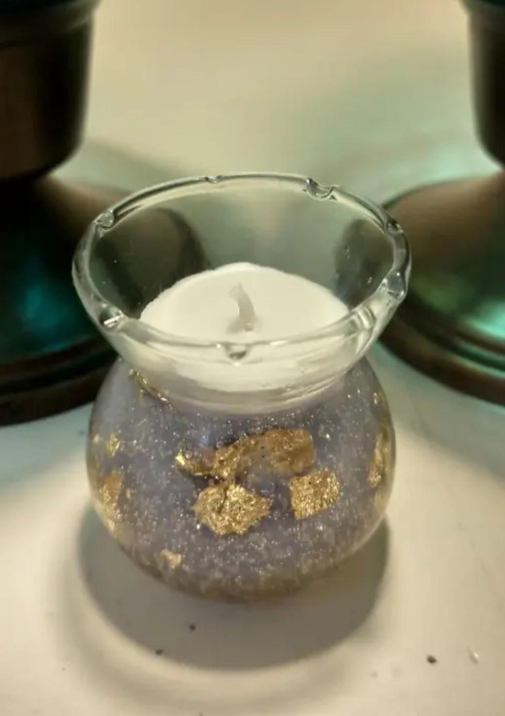 Glass Wax Melt Warmer with Gold Glitter Design, Purple and Gold, Decorative Candle Holder, Round Bowl