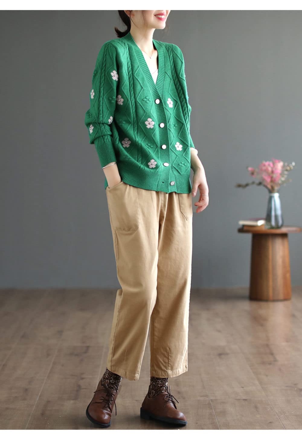 EIBA Chaqueta De Punto Mujer,Cárdigans De Punto para Mujer Flor Vintage Cable Jacquard Botón con Cuello En V Manga Larga Suéteres Delanteros Abiertos Cárdigan Otoño Elegante Chaqueta De Abrigo De PU