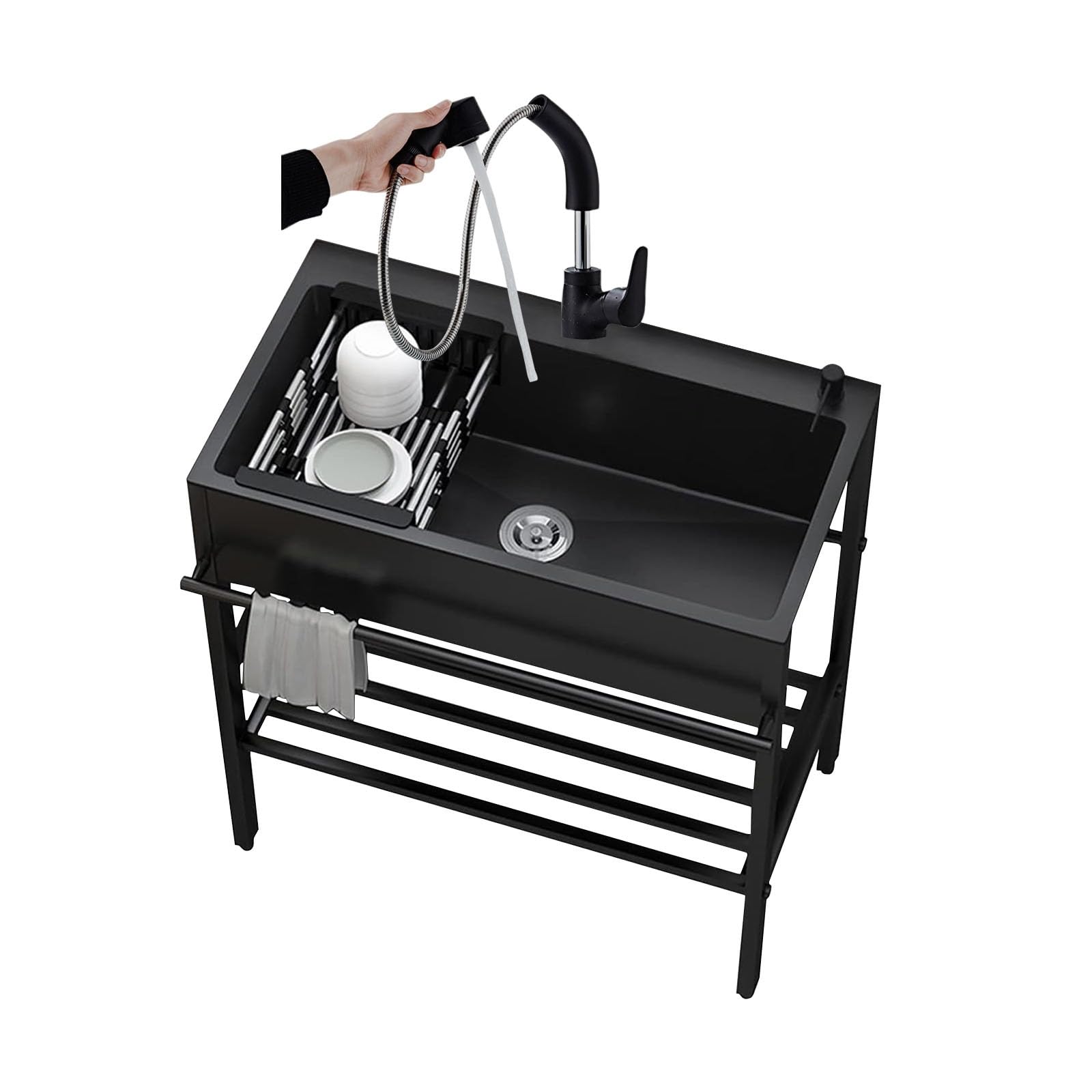 Spülbecken Für Outdoor Garage Garten Camping, Edelstahlspüle Küchenspüle 1 Becken, 60 68 80cm Freistehendes Spüle Mit Wasserhahn Und Siebkorb, Multifunktions Waschtisch Mit Ständer