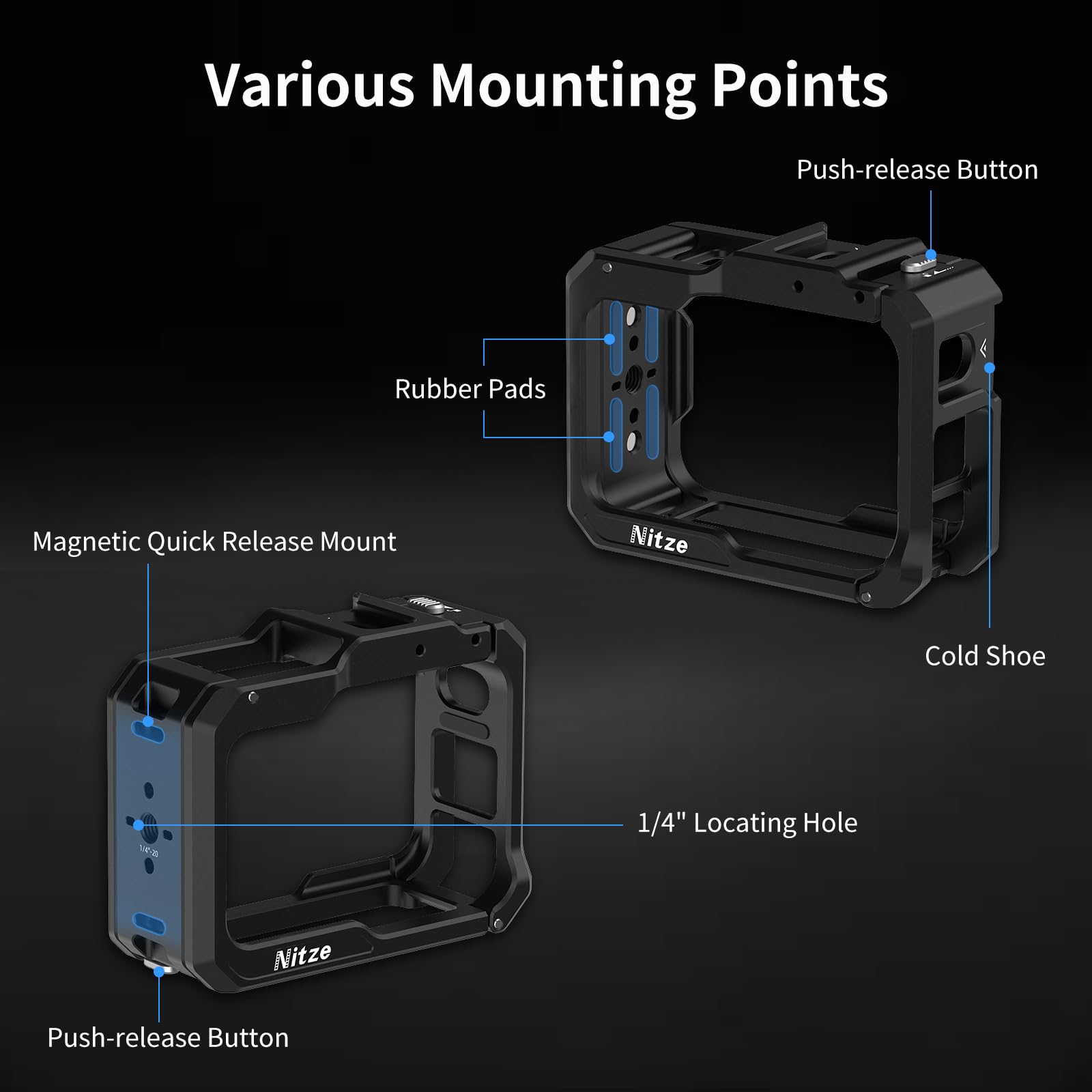 Nitze カメラケージ GoPro Hero 11用 ブラック - T-GP01A 並行輸入品 Nitze Cage for GoPro HERO 13⁄12 ⁄ 11⁄10 ⁄ 9 Camera, Camera Cage with  Magnetic Interface, 1⁄4\" Threaded Holes and 2 Cold Shoe for Microphone and  LED