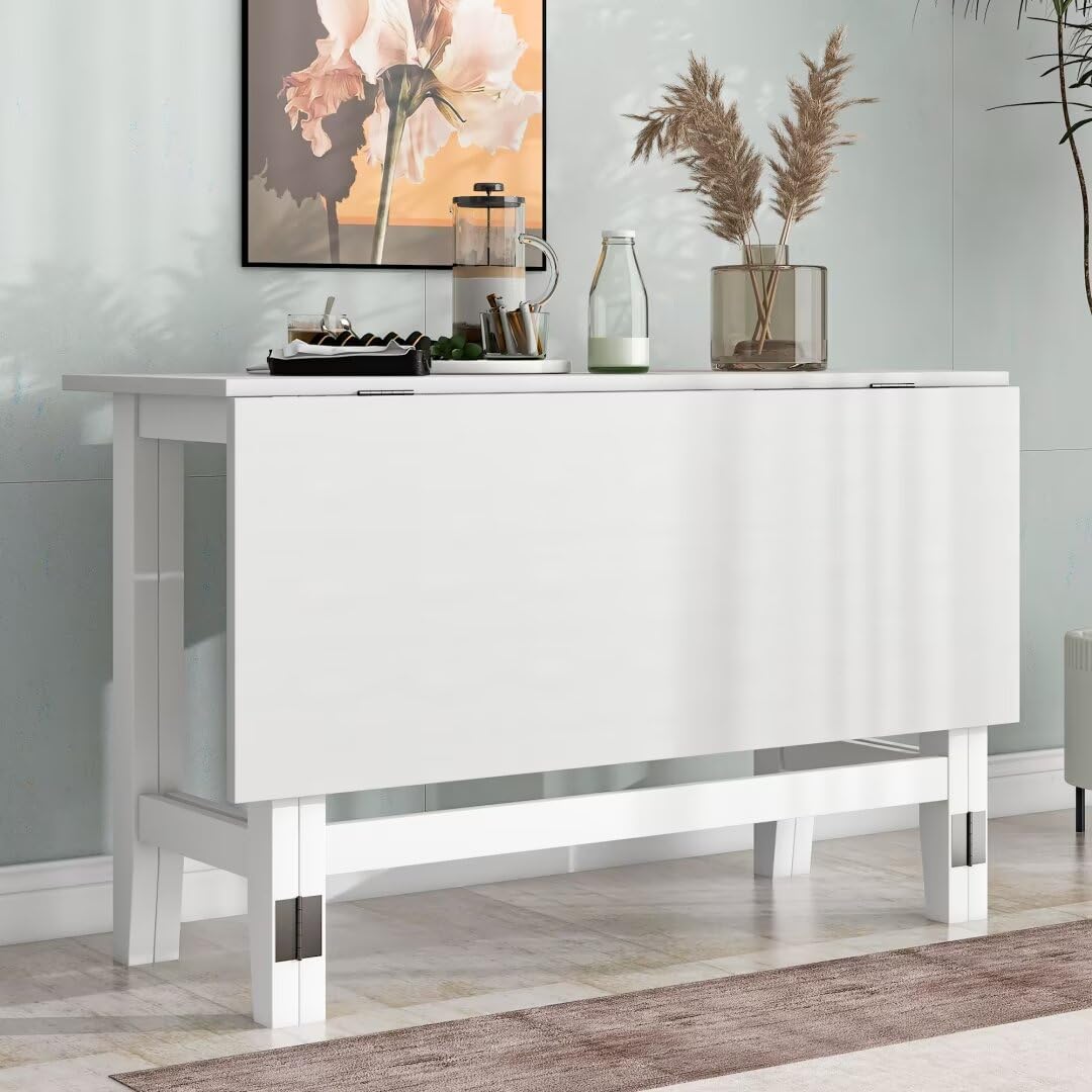 47" H Farmhouse Wood Extendable Dining Table with Drop Leaf for Small Places, Modern Freestanding Scalable Desk for Kitchen & Living Room, White