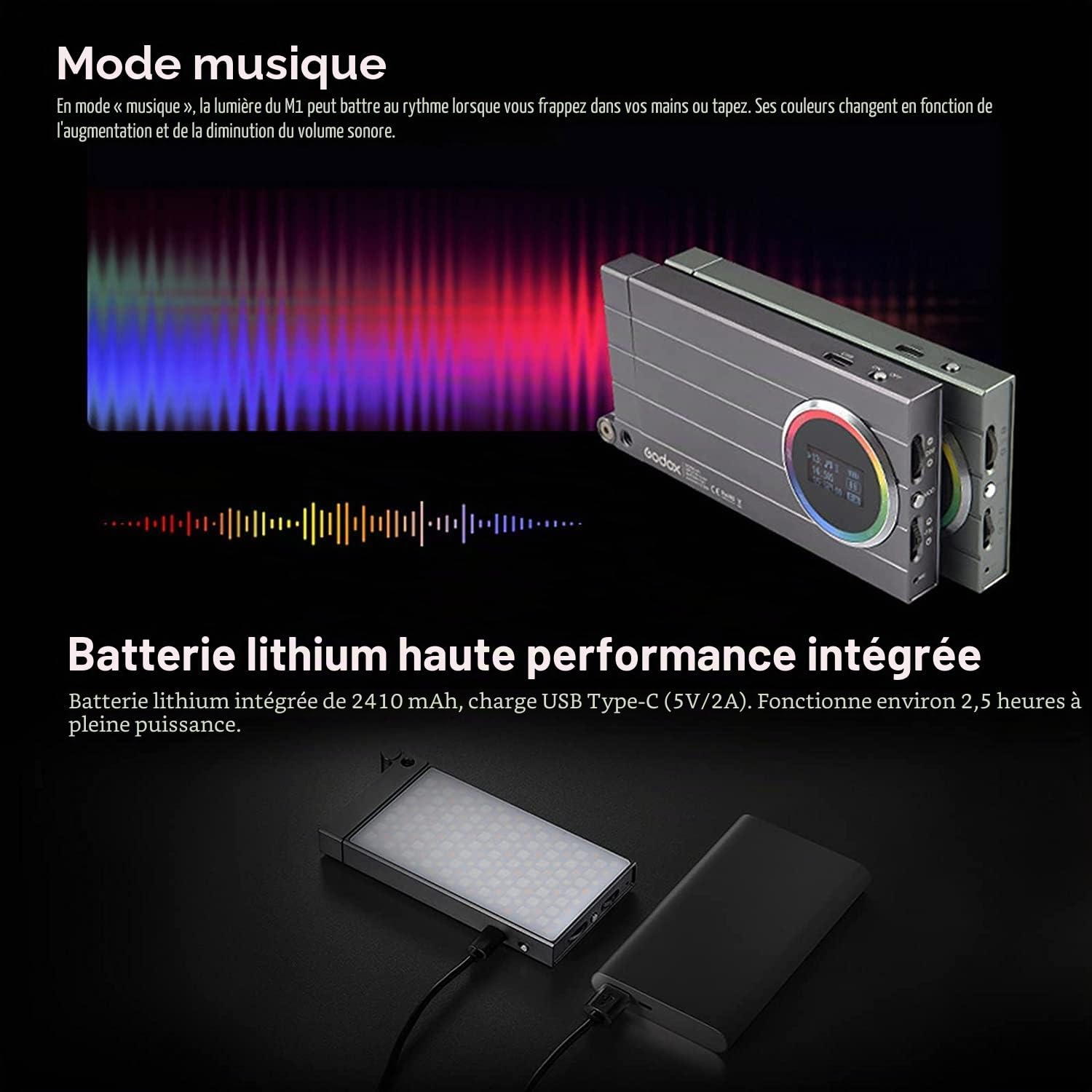 Godox M1 RGB LED Panneau Lampe, Full Color Lumière à Caméra Vidéo Lampe avec Mode de Musique, 2410 mAh Pussante Batterie au Lithium Vidéo Light de Poche, RGB Mode, CCT Mode et 15 Effets de Lumière