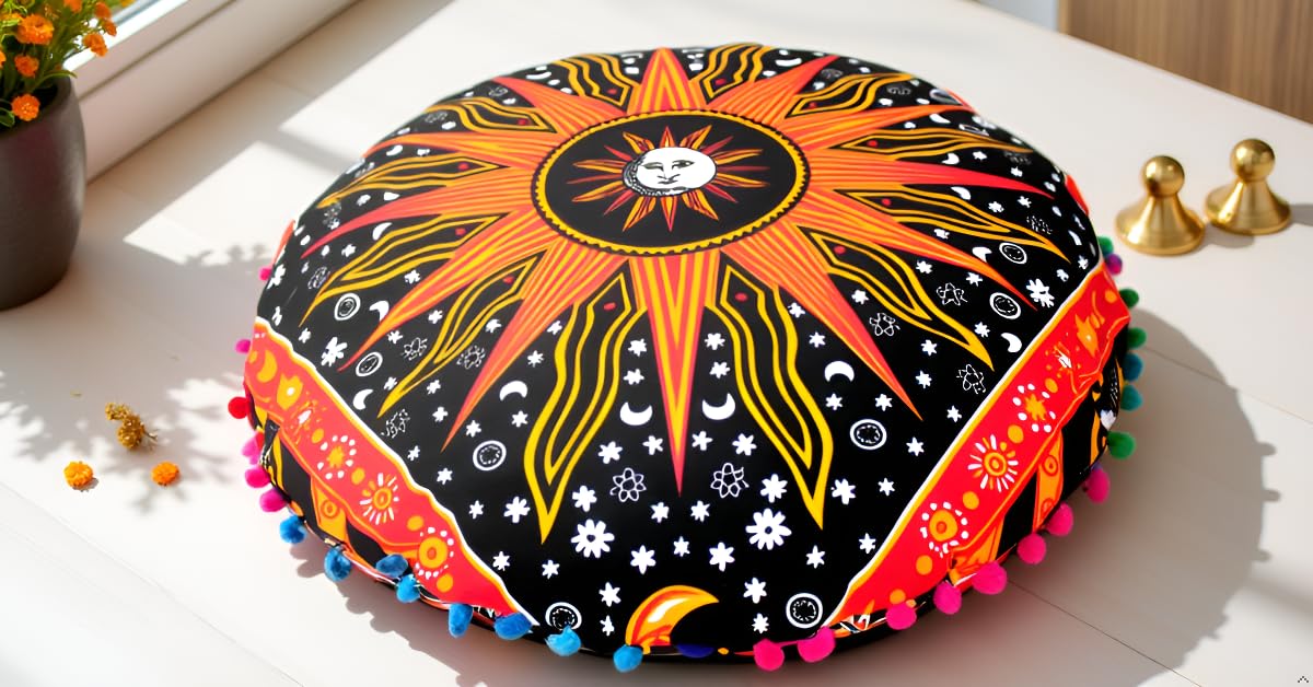 Round Mandala Floor Pillow Cover 22 Inch, Bohemian Ottoman Pouf Cover, Decorative Indian Meditation Cushion Cover, Boho Seating Throw Pillow Case for Living Room Bedroom Orange Burning Sun