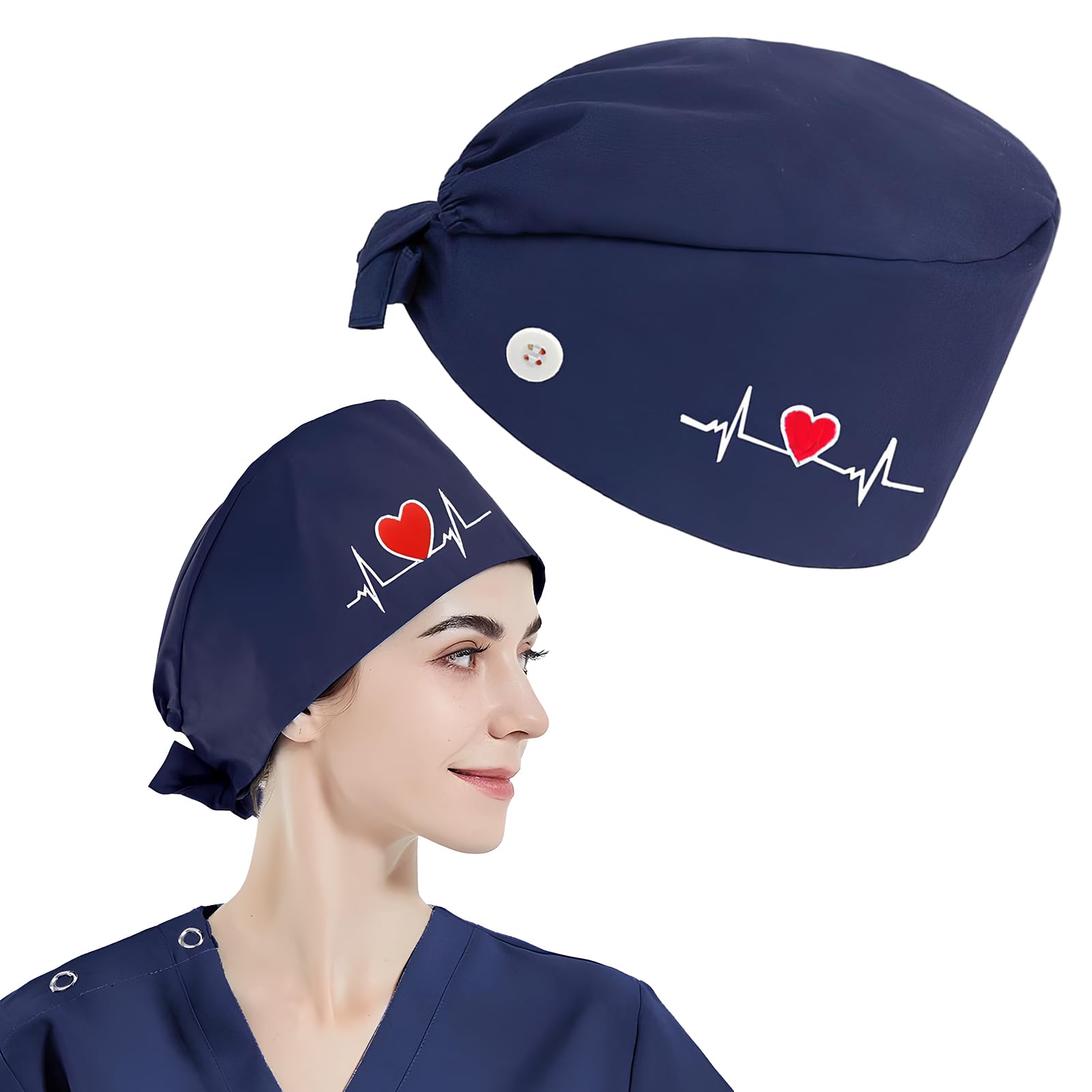 Berretto Donna Chirurgico Cappello in Cotone, Cuffietta sala Operatoria con Fascia Regolabile, Berretto Infermiera con Ricamo a Cuore, Cuffietta Chirurgica Unisex per Medici e Infermieri, Blu Scuro