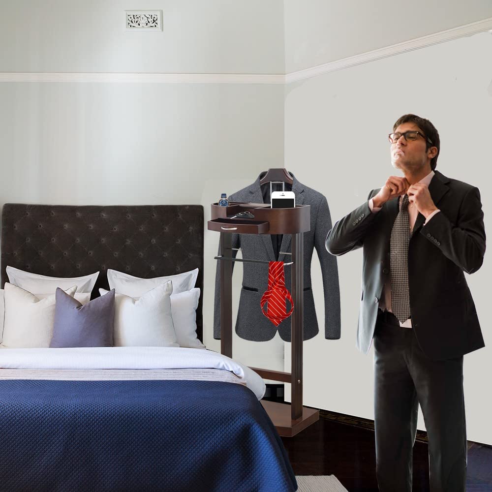RajoNN Perchero de pie para Ropa con cajón, Almacenamiento Privado, Perchero de Madera Maciza para Trajes, Perchero para Ropa de mayordomo, para Oficina, Sala de Estar, Dormitorio, Hombres y Mujeres,