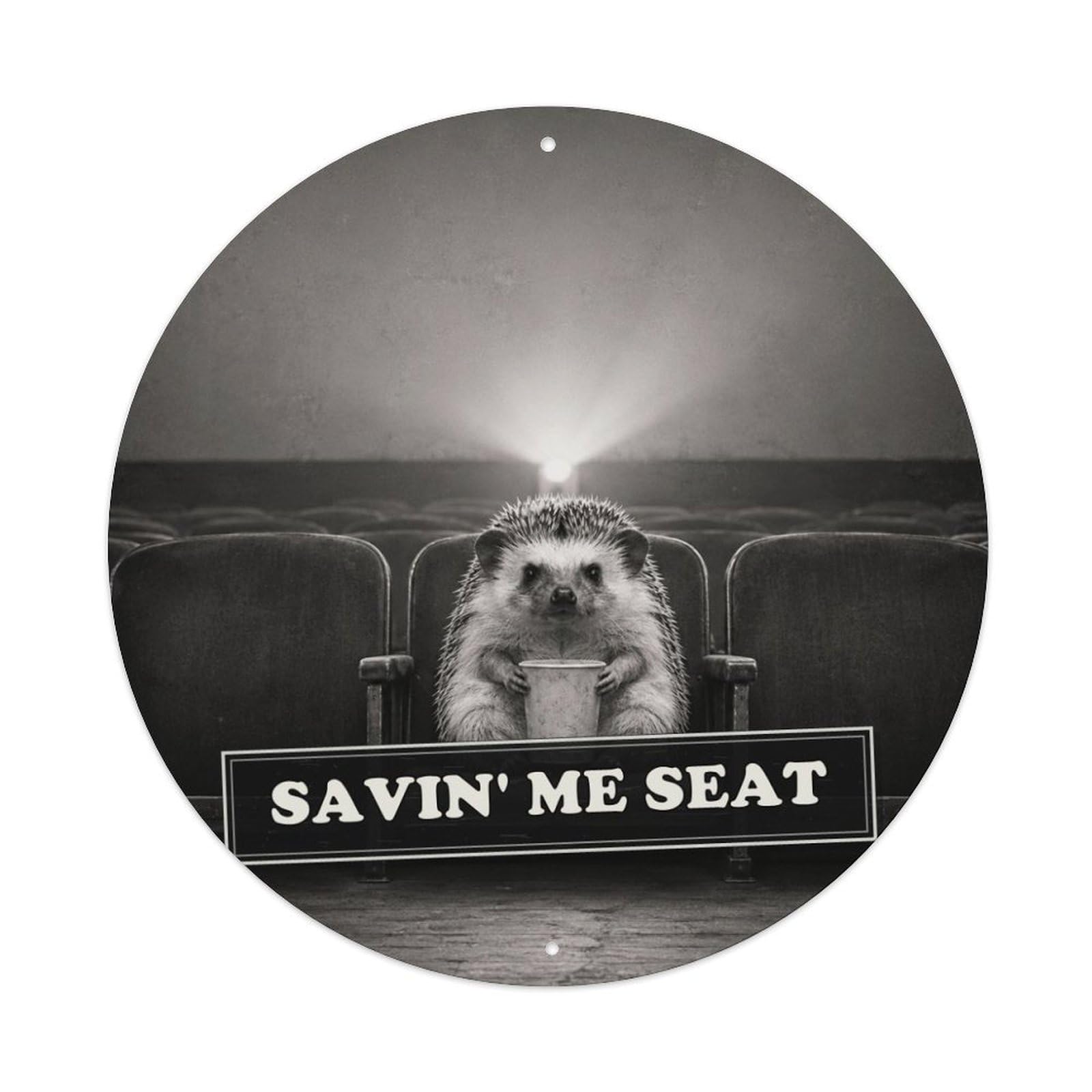 Animal Hedgehog Cinema Funny Anthropomorphic Social Satire Metal Tin Sign Plaque Wall Decor for Cafe, Man Cave, Club Bar, Office, Home Garden Round Metal Poster 8x8Inch
