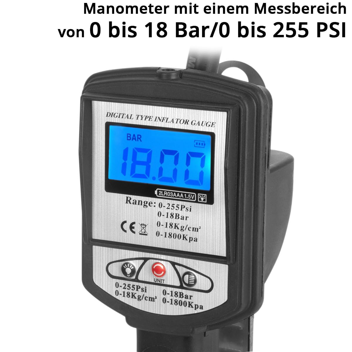STAHLWERK Inflador digital de aire comprimido DRP-18 ST | Inflador de aire comprimido con manómetro digital | Manómetro digital para coches, camiones, motos, bicicletas | Rango de medición 0-18 bar