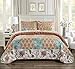 King/California King 3pc Quilted Bedspread Set Oversized Coverlet Floral Patchwork Beige Rust Light Blue Green White New