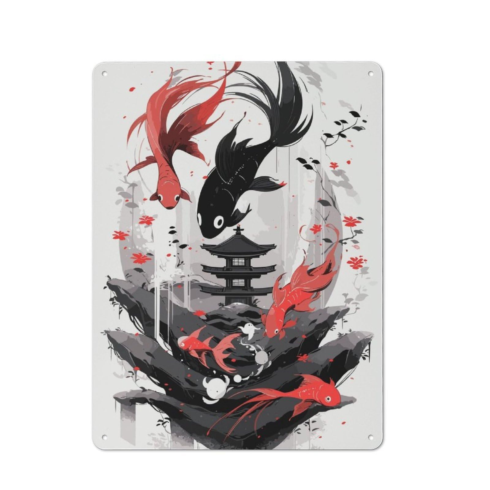 Junmoney Japanese Red Black Koi Industrial-Style Tin Sign 40X30cm For Pub Or Café, Suited To Pub Decor Enthusiasts