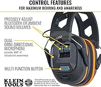 Vista 3 de Klein Tools AESEM1S Smart Sense Electronic Hearing Protection Safety Earmuff with Bluetooth & Situational Awareness, NRR 23dB, 25hr Runtime