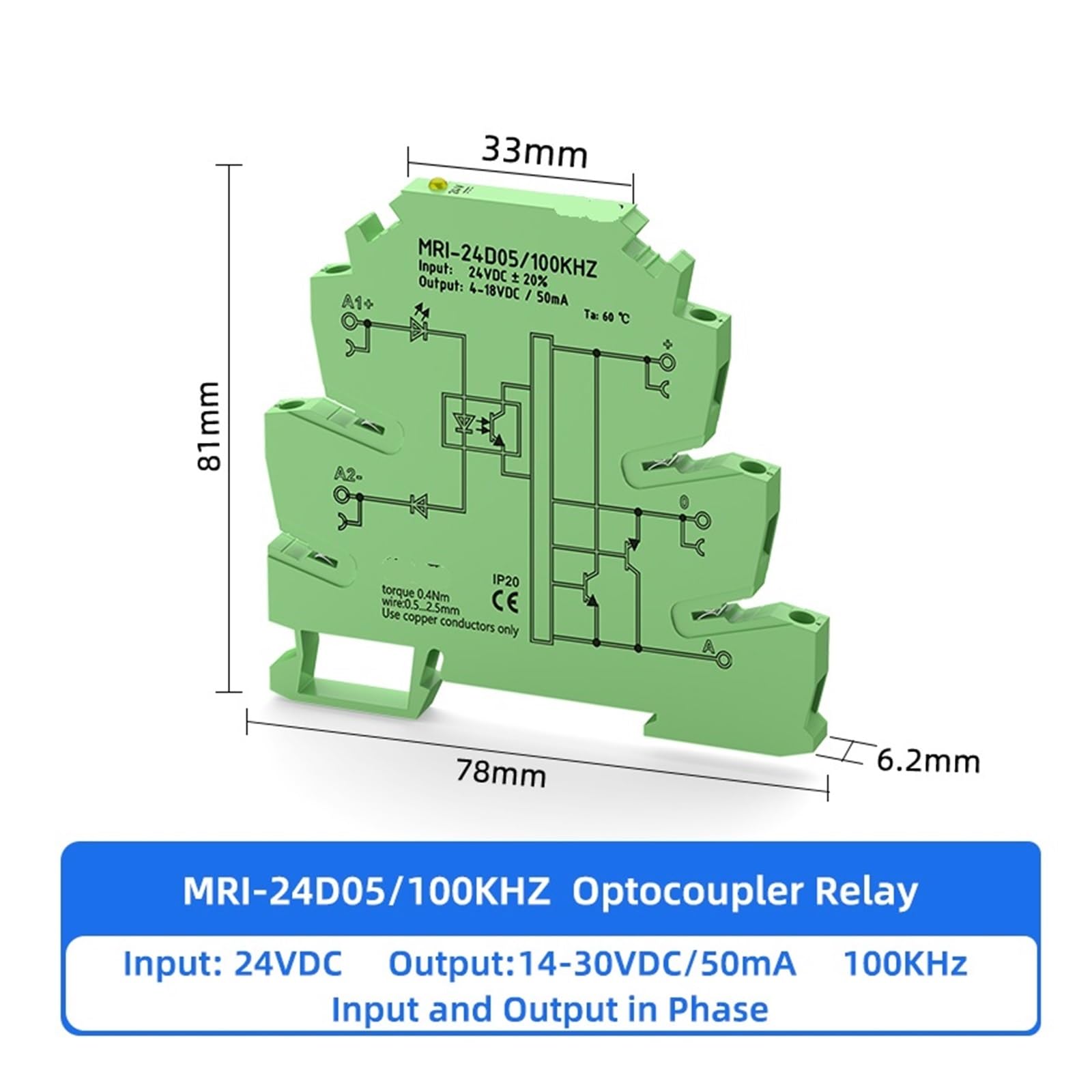 Relé optoacoplador MRI-24D05 de 100 KHZ con LED de señal de giro, entrada de 24 V CC, 8 mA, salida de 4-18 V CC, 50 mA, módulo de relé de voltaje de interfaz for riel DIN