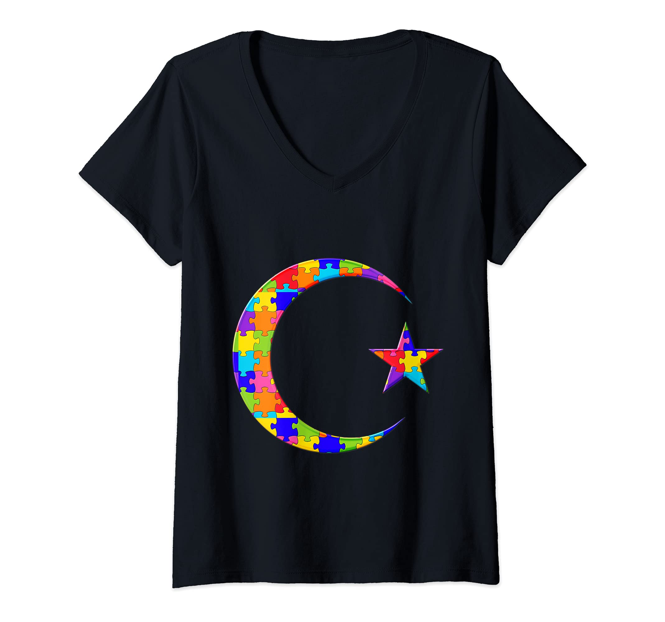 Womens Crescent, Moon Eid Ramadan kareem Jigsaw Autism Puzzle V-Neck T-Shirt