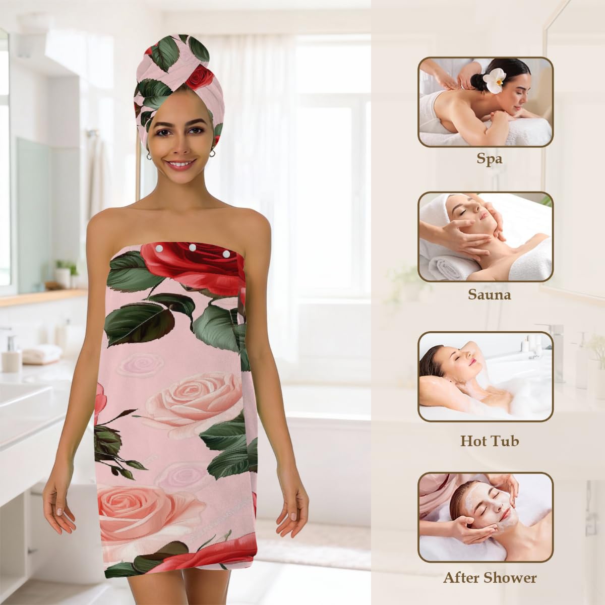 Lot de 2 serviettes de douche en microfibre pour femme avec serviette à cheveux, rose rouge, robe avec bonnet de séchage des cheveux pour plage, piscine, spa