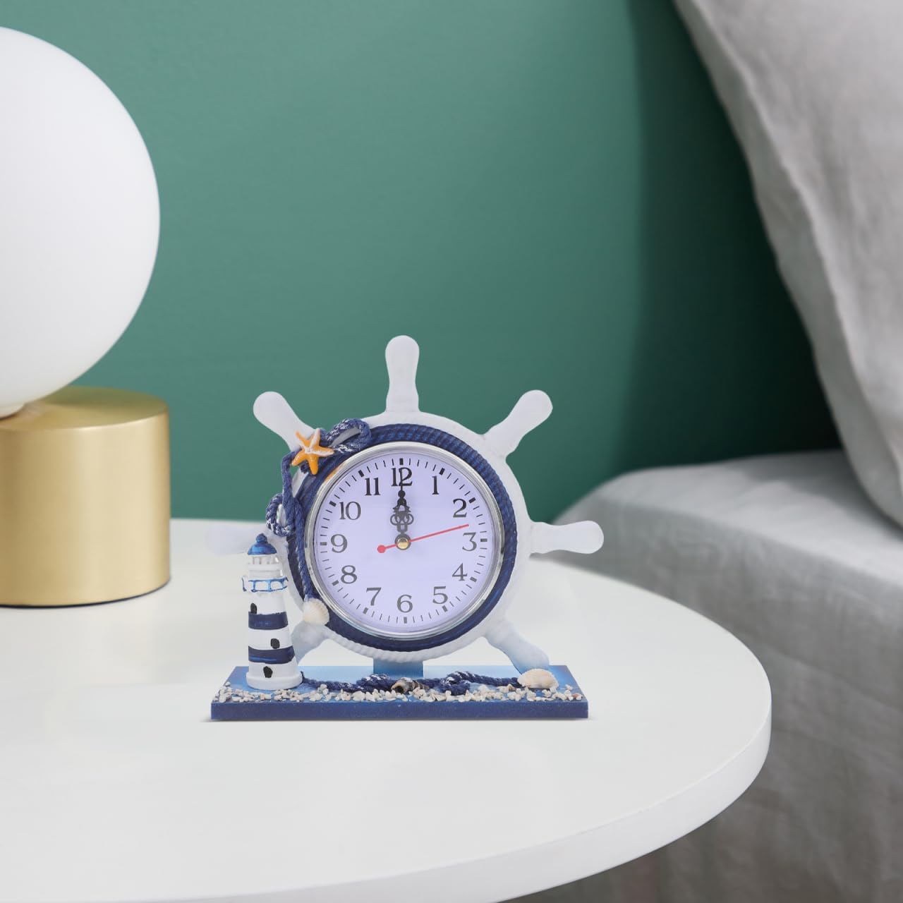 VICASKY Nautical Wall Clock Beach Coastal Small Table Bathroom for Shelf Ship Wheel Travel Cruise Clocks Mediterranean Style Silent Desk Lighthouse Helm Wooden Rudder Theme Decor Ornament Ocean