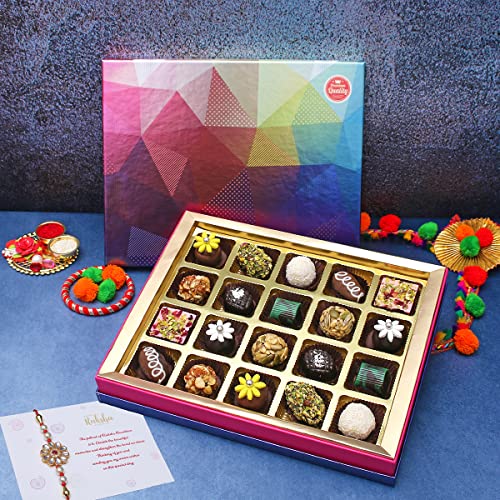 Image of Velvet Fine Chocolates Rakhi Gift Hamper for Brother & Sister with Rakhi | Rakhi Gift Pack with Premium 20 assorted Chocolates