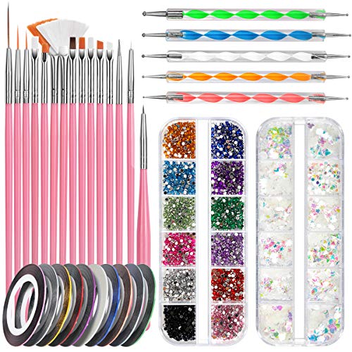 Kit de Nail Art Pinceau, FANDAMEI 15 Pcs Pinceaux Ongles Nail Art Brosses?5 Pcs Dotting Pens Dotting Tool Nail Art?10 Pcs Striping Tape Autocollant?1 Boîte de Strass Colorés?1 Boîte de Paillettes