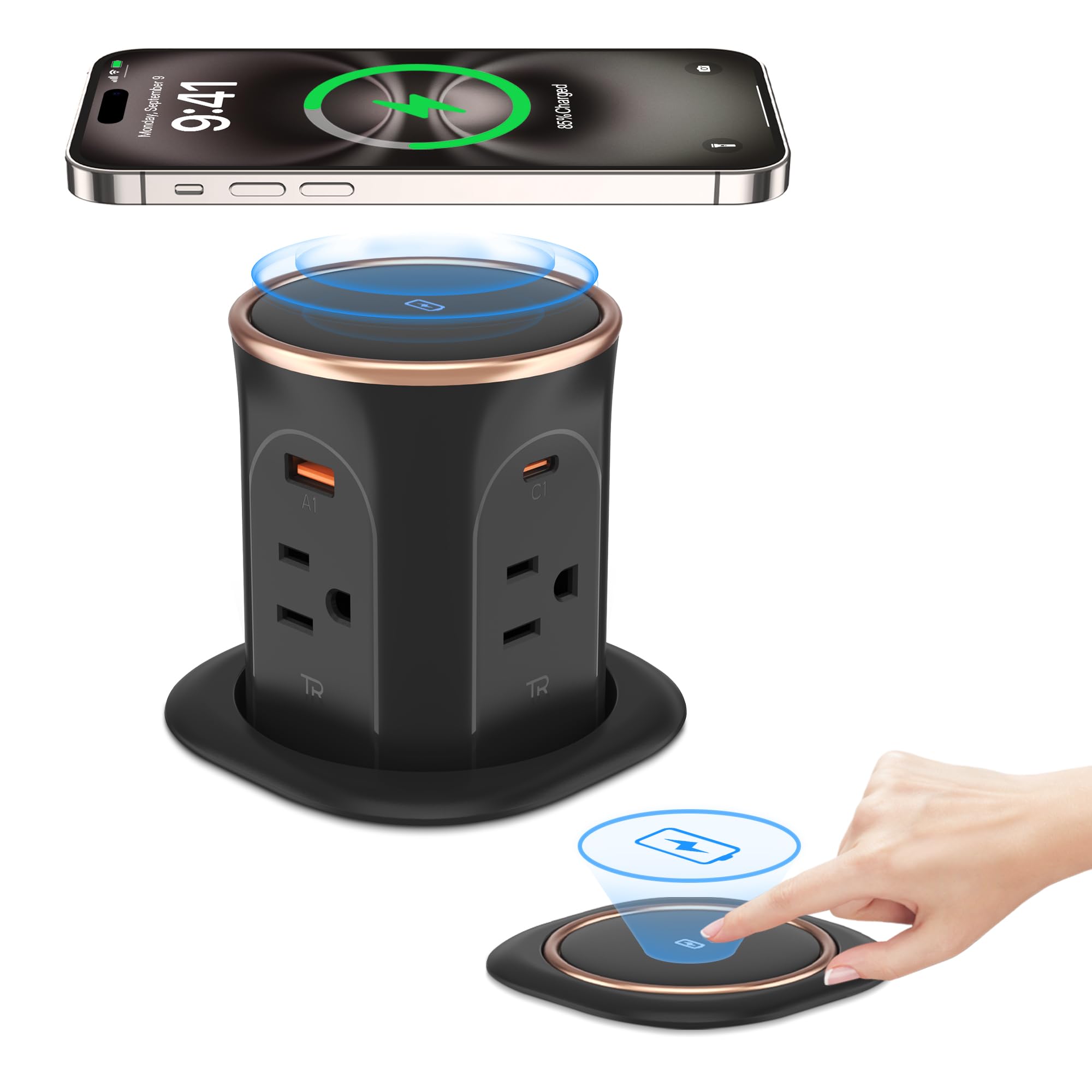 Photo 1 of ANNQUAN Motorized Pop Up Countertop Receptacle with 15W Wireless Charger,Max 20W Power Delivery,3.15" Automatic Pop Up Electrical Outlet with 4 Outlets 4 USB Ports for Home Office Kitchen