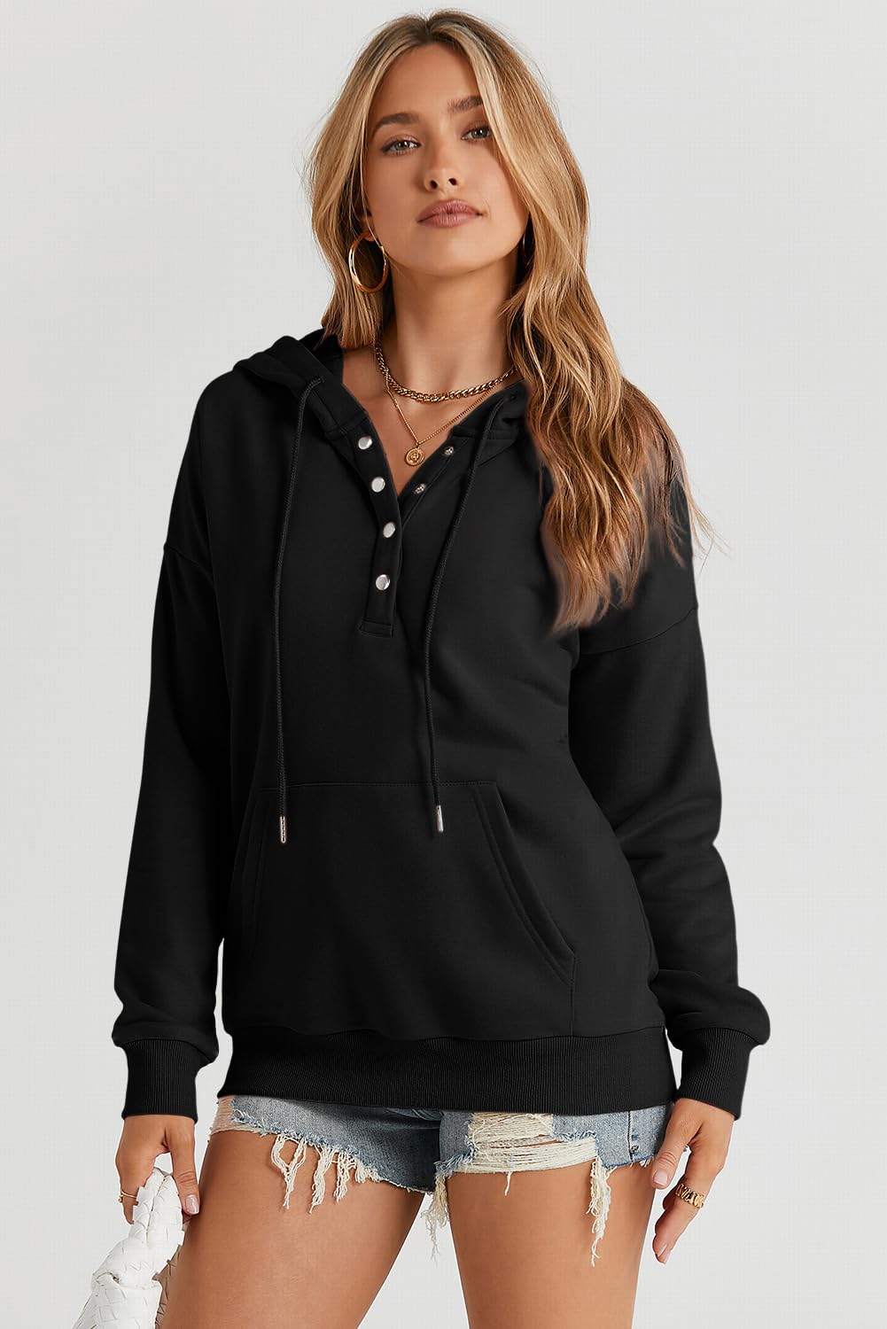 Dokotoo Womens 2025 Hoodies Button Collar Drawstring Hooded Pullover Sweatshirt Casual Long Sleeve Tops Shirts