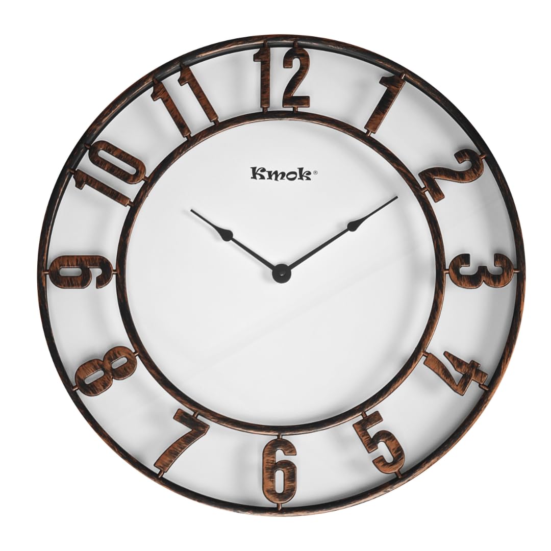 Kmok 16-Inch Silent Wall Clock – Battery Operated, Non-Ticking Round Clock with Large Numbers, Brushed Bronze Finish, Decorative Indoor for Home, Office, School