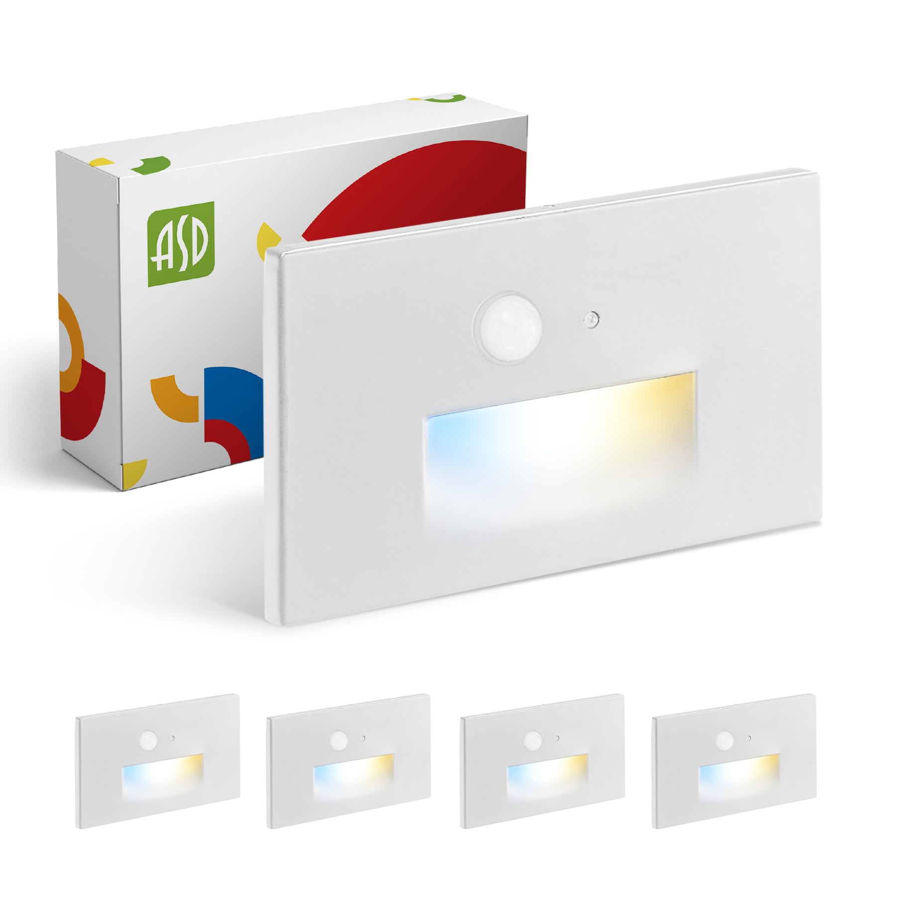 ASD LED Recessed Step Light Fixture | 3W 120LM 3000K-5000K 120V | 3CCT, Motion Sensor, Photocell, Waterproof, ETL Listed | Dusk to Dawn Outdoor Stair Lighting, Staircase Spotlight | White, 4 Pack