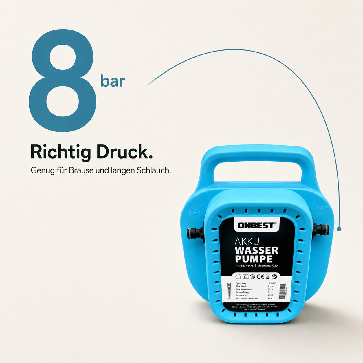 ONBEST Akku Wasserpumpe Komplettset: Schlauch, Brause, Filter & Ladegerät | 10 m Schlauch, 8000 mAh Akku, selbstansaugend, 8 bar – Regentonne