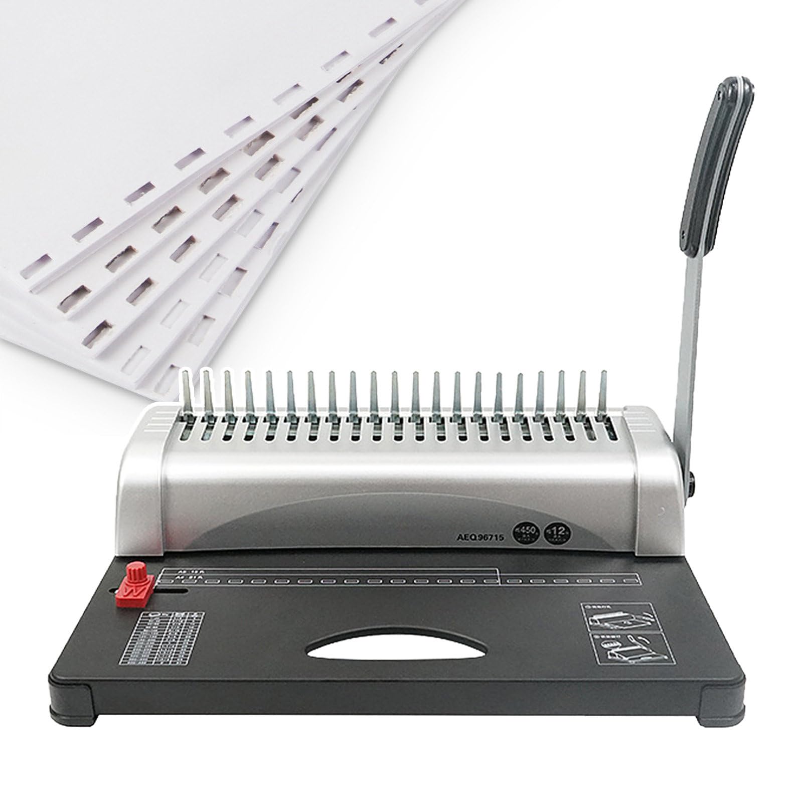 Relieuse à peigne et perforatrice de documents – Reliure 450 feuilles/perforatrices 12 feuilles, outil de reliure à 21 trous avec guide de bord réglable (3/4/5 mm) – pour documents format lettre, A4