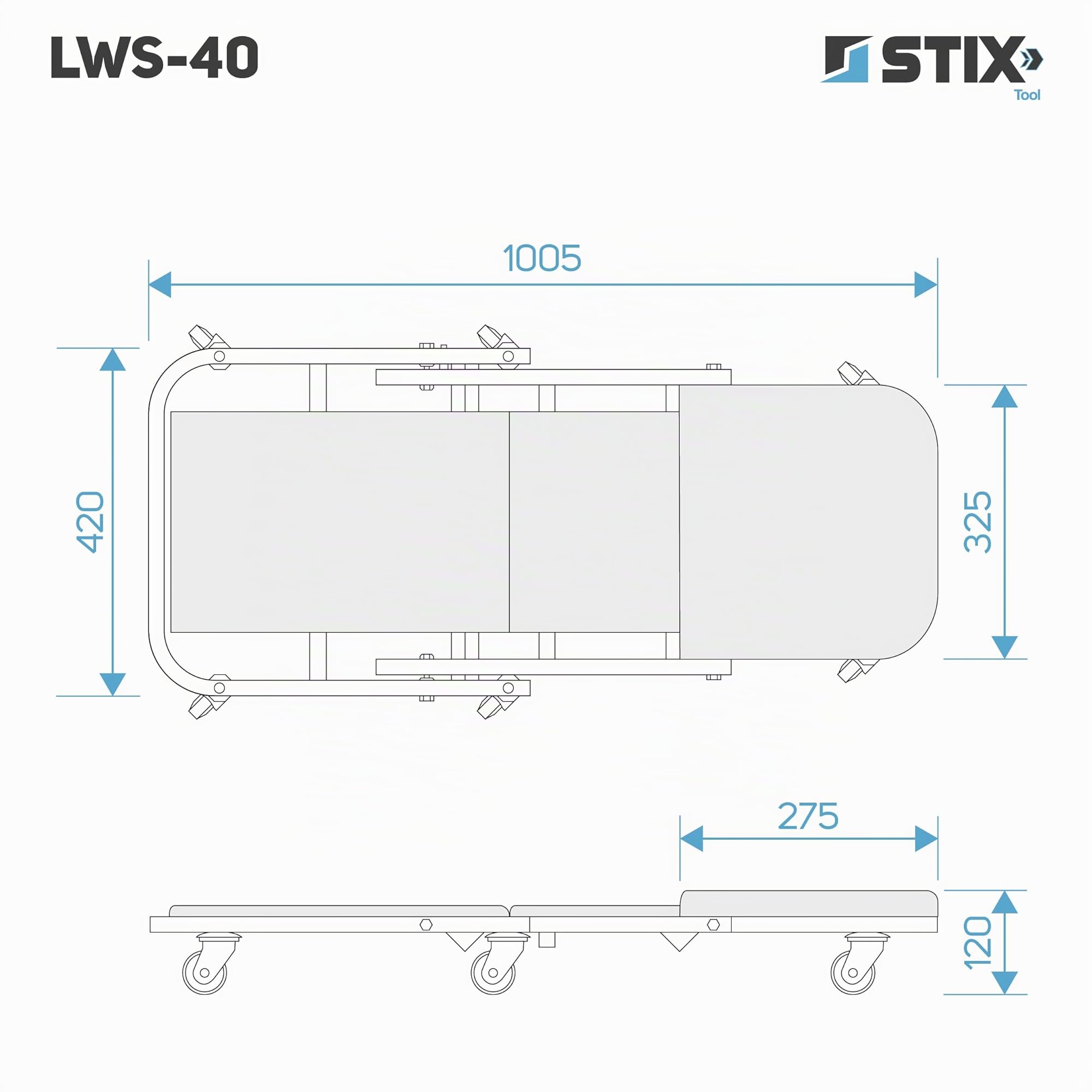 Stix Camilla y Taburete de Taller 2 en 1 LWS-40 Capacidad 150 kg Altura 12 cm Estructura de Acero con 6 Ruedas giratorias y Acolchado ergonómico