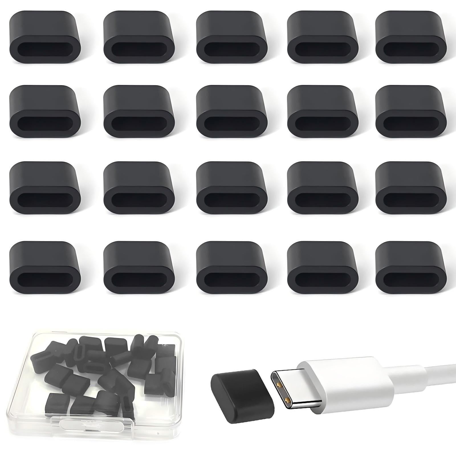 Lot de 20 bouchons anti-poussière en silicone de type C mâle pour tout port de charge de type C (noir)