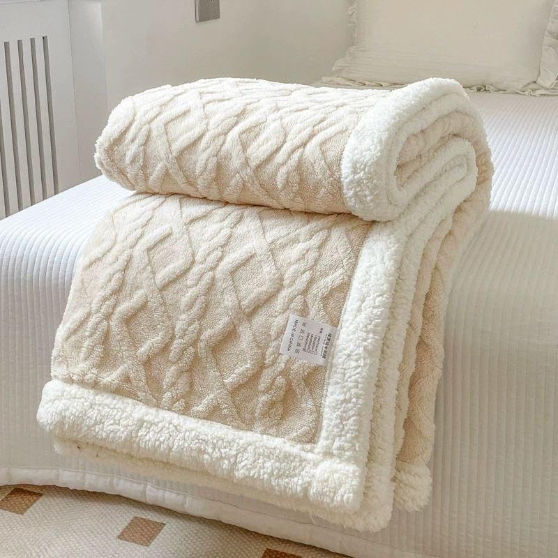 Warm And Soft Fleece Reversible Blanket Bed Sofa Throw Blanket Braided Design With White Border 150 * 100 Ivory