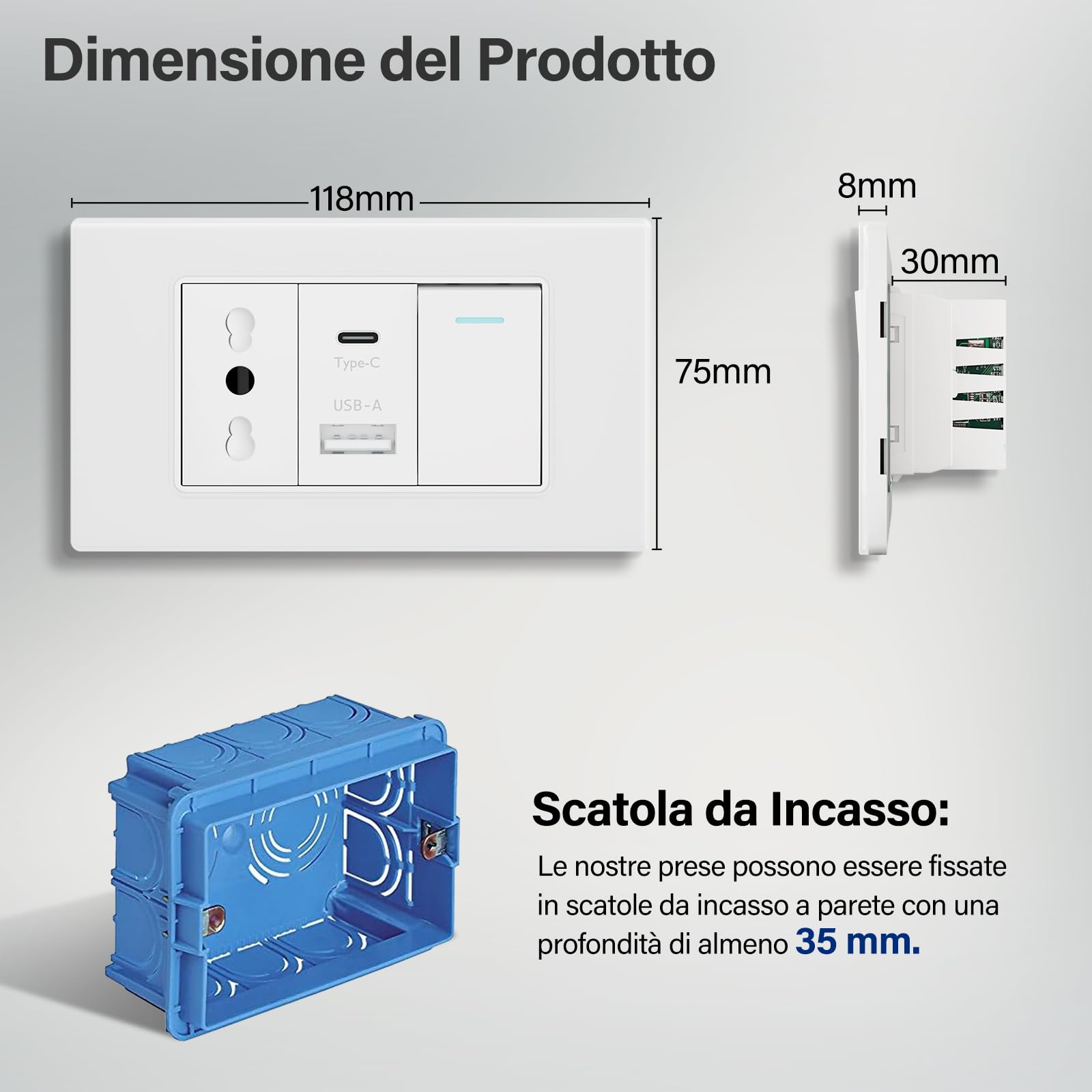 BSEED Prise avec USB A et USB C, prises électriques murales 118mm, prises italienne pour bureau à domicile, Prise+10.5W+1 Gang 1 Voie-4 pièces, Blanc